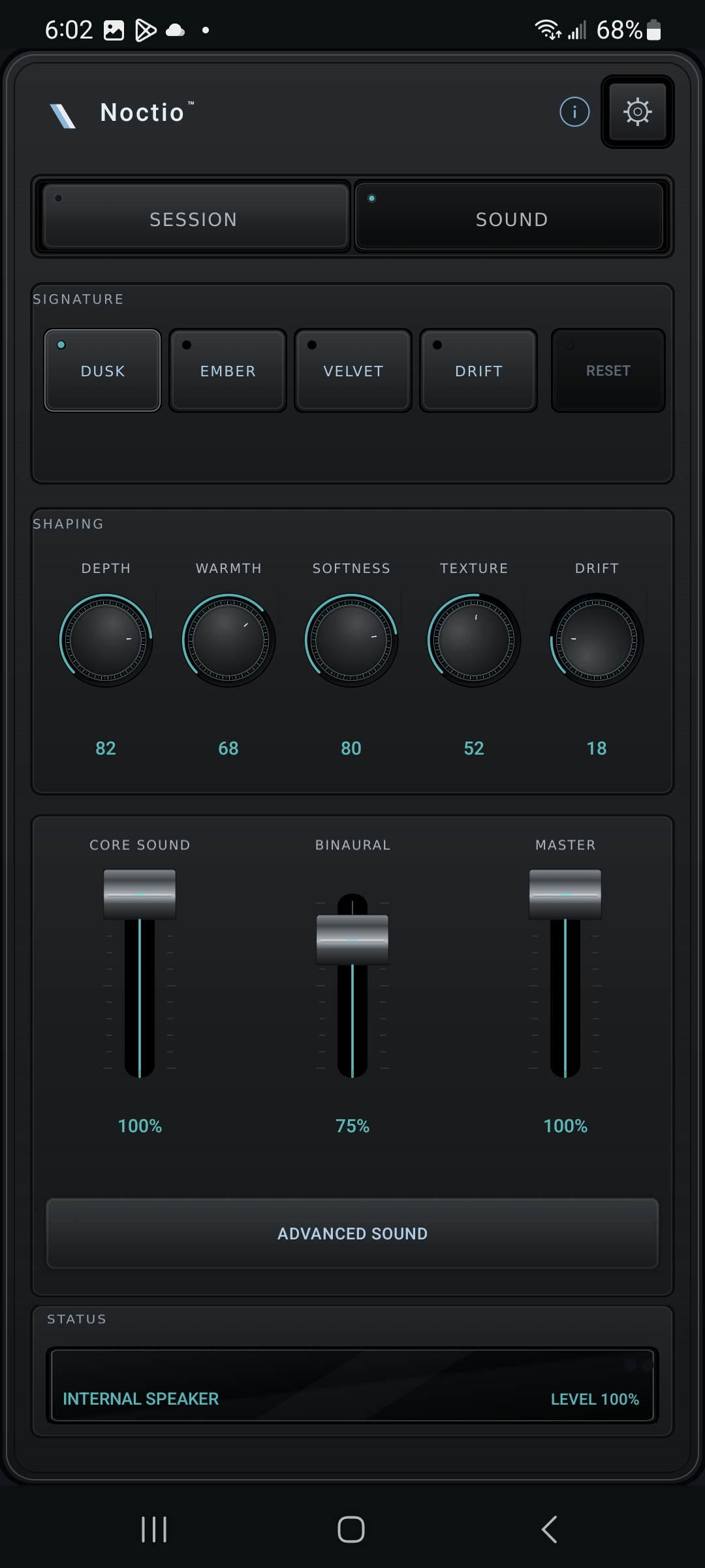 Actual pre-release Noctio Sound screen with five rotary controls and three faders